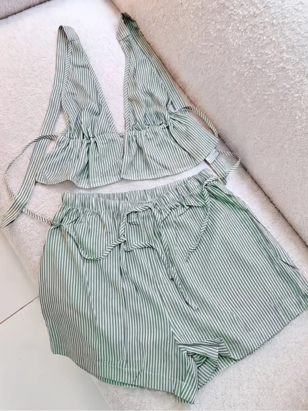 Striped Green Two-Piece Shorts Set - Women's Summer Lounge Set